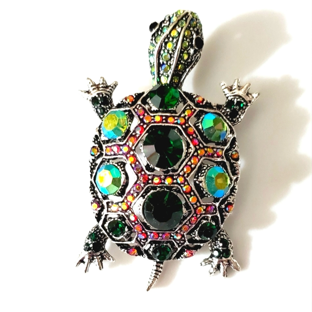 Turtle brooch pin crystals AB green emerald silver tortoise vintage style